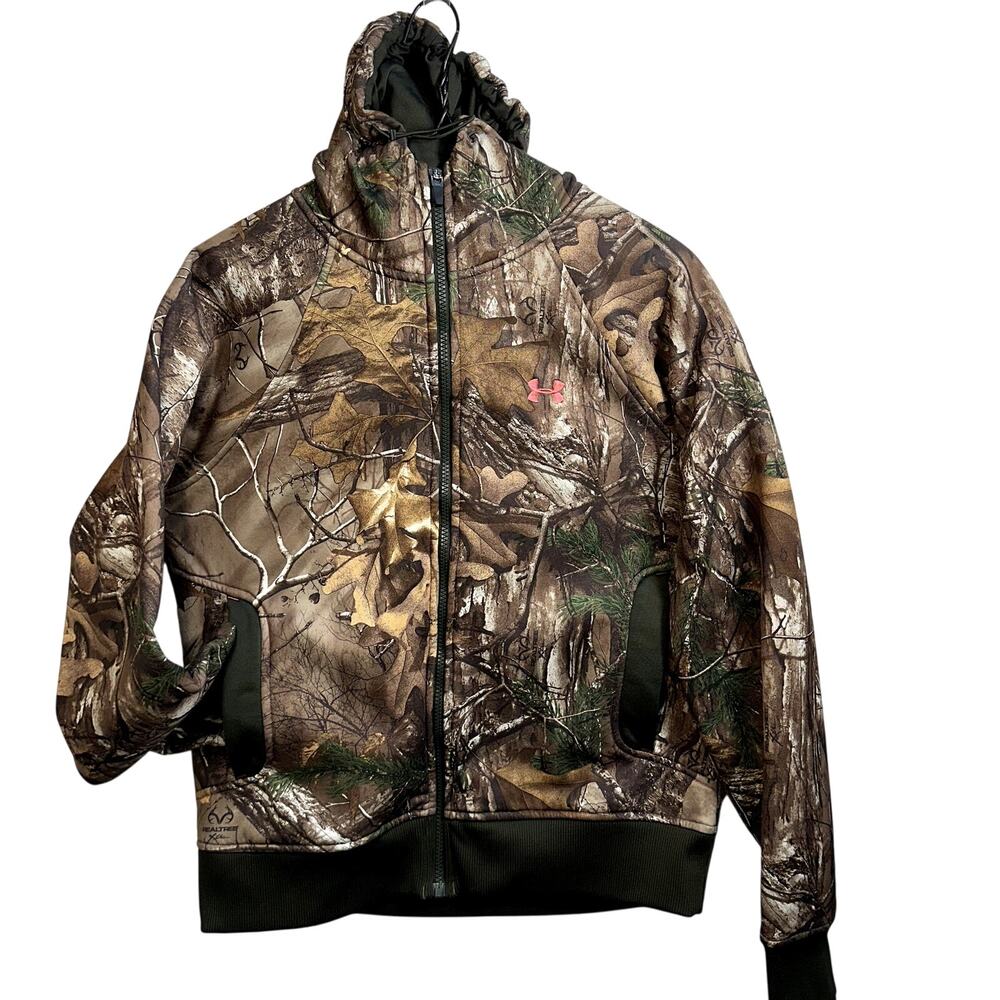 Under Armour Camo Hoodie Womens SZ M ColdGear Fleece Lined Zip Semi Fitted Hunt